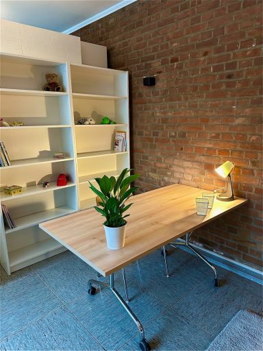 Ein minimalistischer Arbeitsbereich mit einem Holzschreibtisch, einer Pflanze und Regalen.